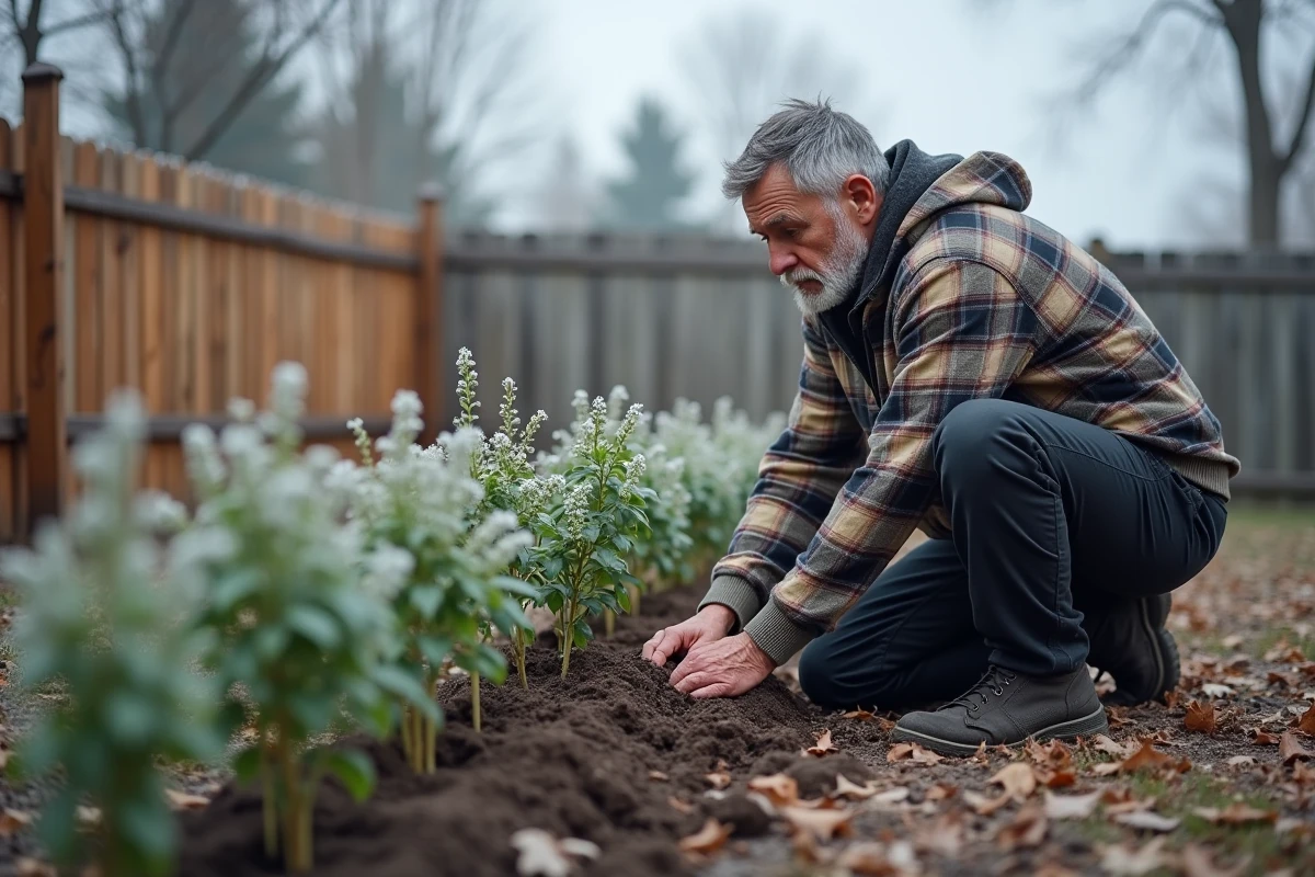 Homme plantant des boutures de lilas en pleine terre dans un jardin en climat froid en automne
