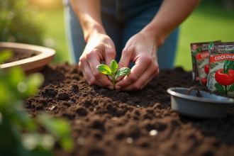 Mains plantant des graines de légumes dans un jardin