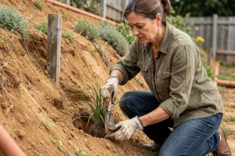 Femme plantant des graminées ornementales sur un talus argileux en pente dans un jardin résidentiel