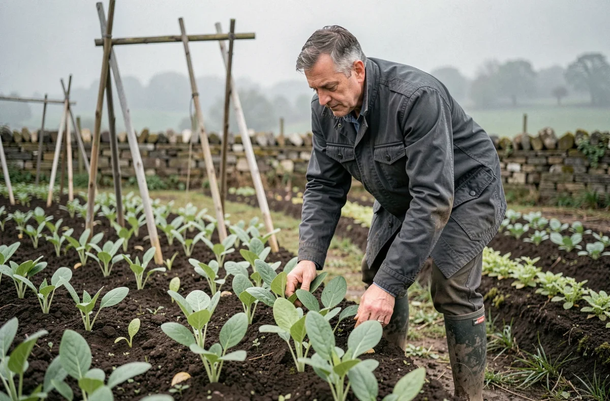 Jardinier inspectant de jeunes plants de fèves semés en automne dans un potager rural