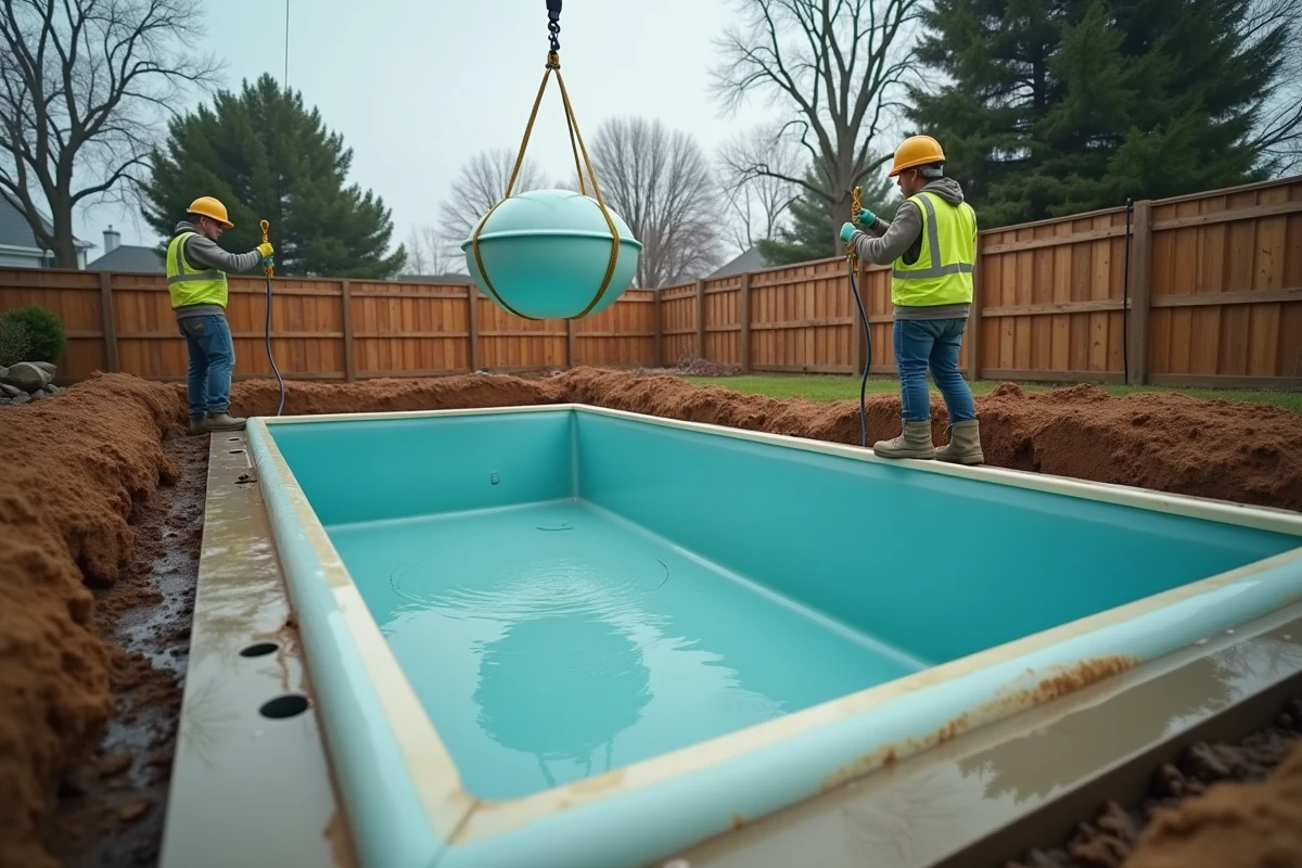 Pose d'une piscine coque en fibre de verre par grue au-dessus d'une fouille avec sol détrempé