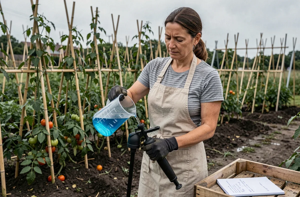 Femme jardinière versant la bouillie bordelaise diluée dans un pulvérisateur à main au milieu d'un potager avec des plants de tomates