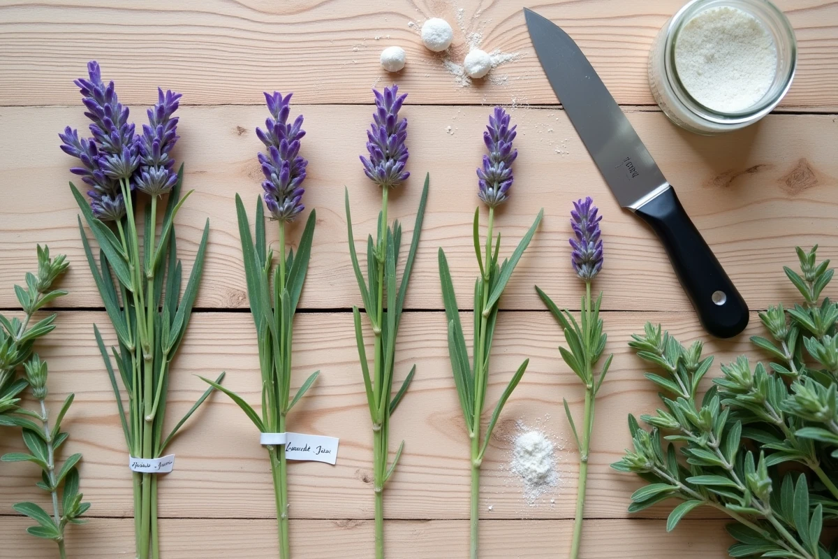 Vue du dessus de boutures de lavande préparées à différents stades sur une table en bois avec poudre d'enracinement