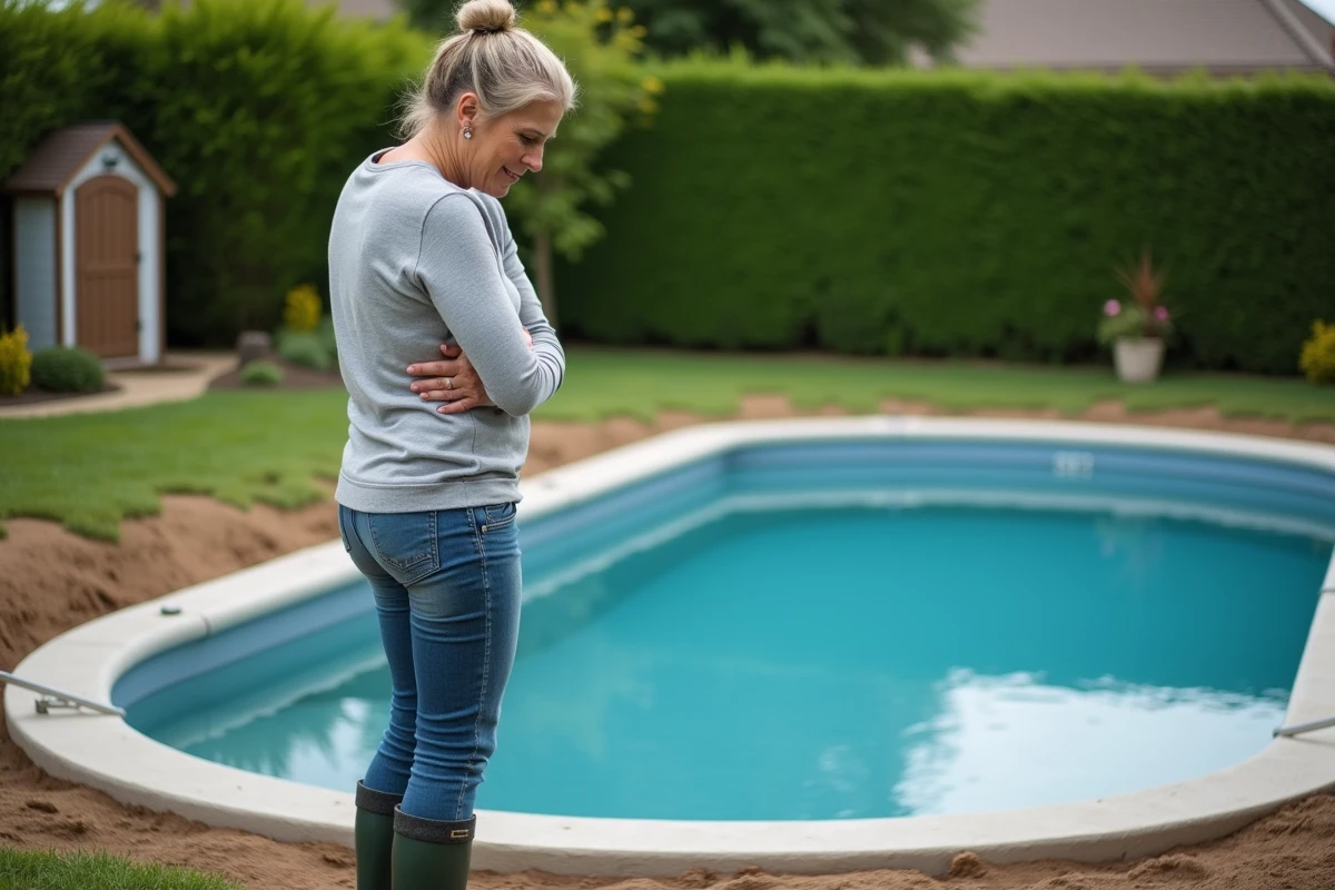 Propriétaire observant sa piscine coque nouvellement installée dans un jardin avec sol humide