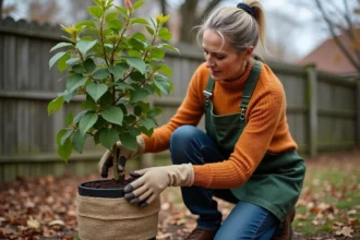 Femme qui emballe un hibiscus en pot avec de la toile de jute pour le protéger du gel en automne dans un jardin