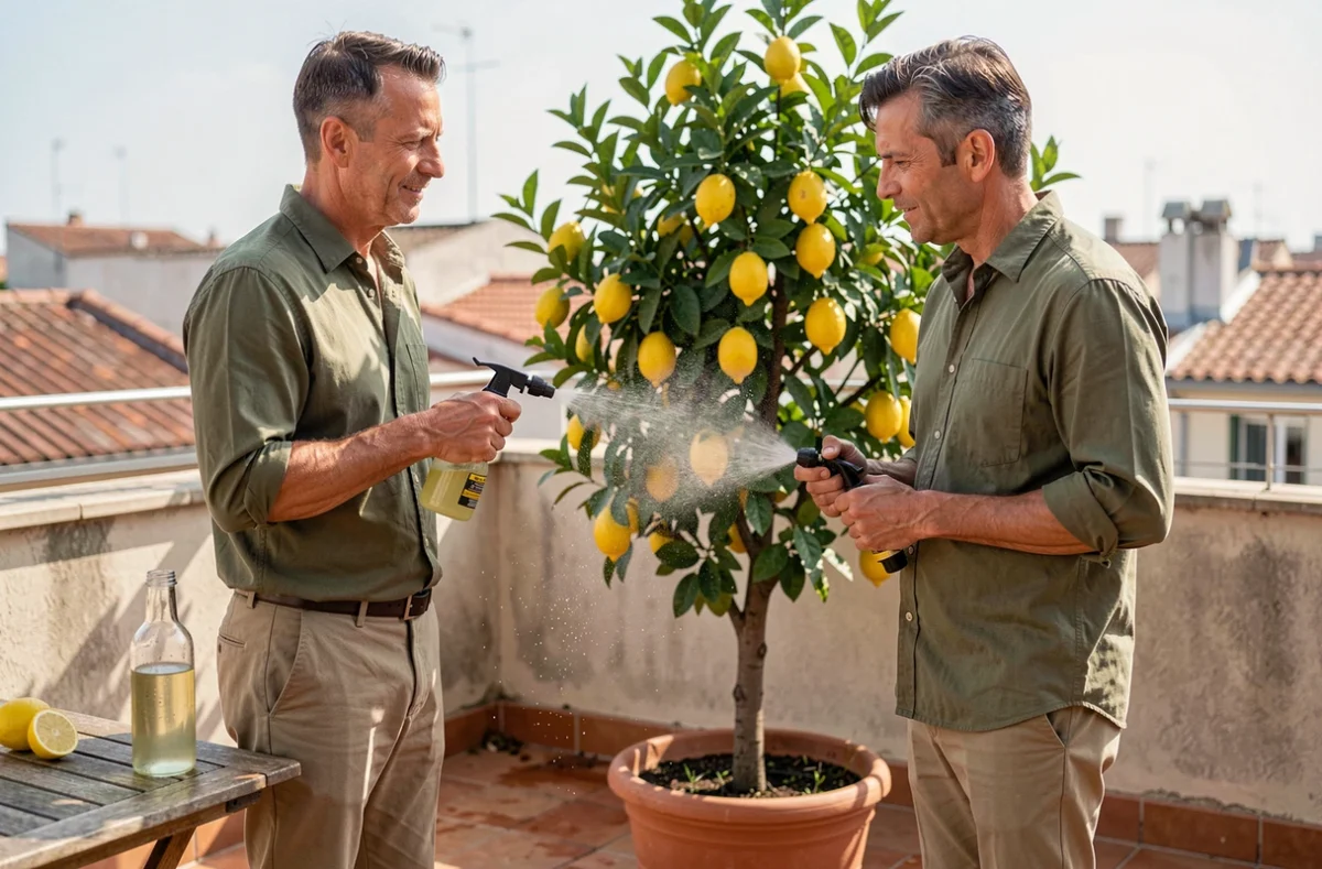 Homme appliquant un traitement naturel contre la cochenille sur un citronnier en pot sur un balcon urbain