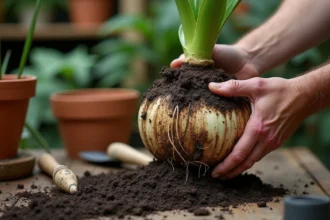 Racines de yucca pourries extraites d'un pot en terre cuite, montrant la pourriture brune contrastant avec des racines saines blanches
