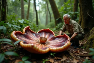 Botaniste accroupi à côté d'une fleur de Rafflesia arnoldii en pleine floraison dans la forêt tropicale de Sumatra, illustrant la taille exceptionnelle de la plus grande fleur du monde