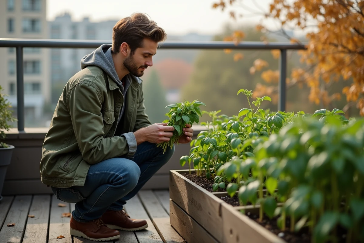 Jeune homme récoltant du basilic sur un balcon urbain en début d'automne