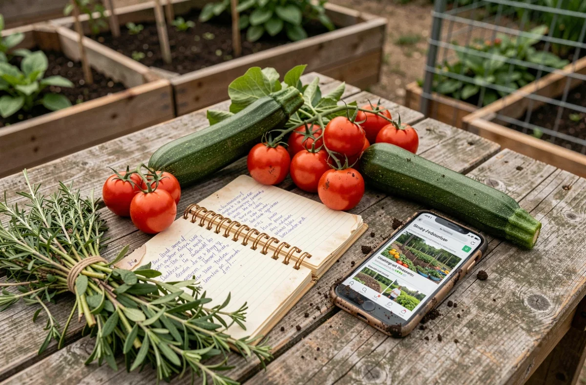 Légumes frais récoltés, carnet de notes manuscrit et smartphone affichant un réseau de jardinage partagé sur une table de jardin