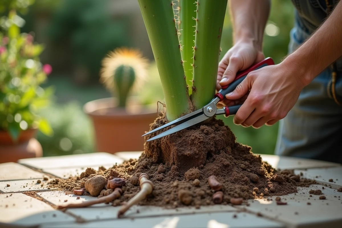 Jardinier taillant les racines pourries d'un yucca lors d'un rempotage dans un jardin, avec terre drainante et perlite