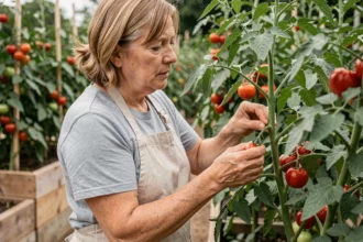 Jardinière retirant un gourmand de tomate à la main dans un potager en plein air