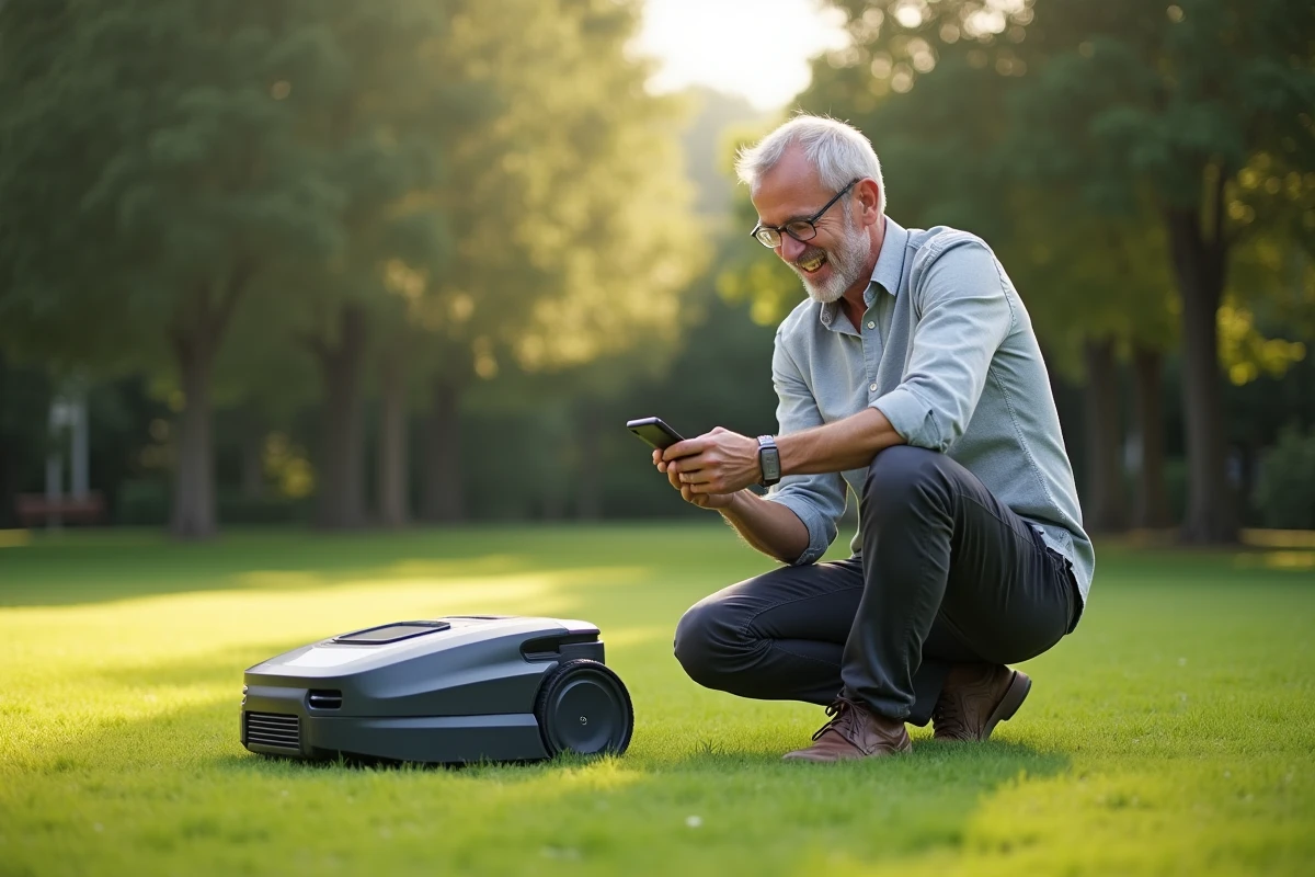 Homme comparant les performances du robot tondeuse Kress sur une grande pelouse via son smartphone affichant l'application de contrôle