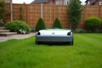 Robot tondeuse Kress en train de tondre automatiquement une pelouse résidentielle bien entretenue avec haies et clôture en bois en arrière-plan