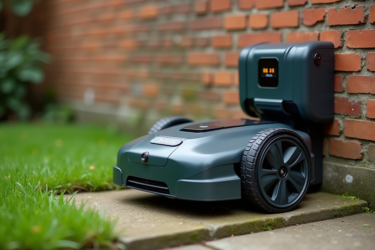 Robot tondeuse Kress sur sa station de recharge fixée contre un mur de jardin en brique avec écran de contrôle numérique visible