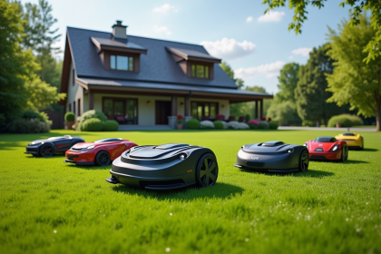 Plusieurs robots tondeuses électriques sur pelouse bien entretenue
