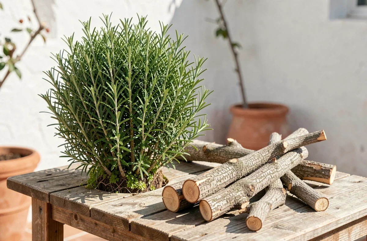 Romarin régénéré après taille sévère, nouvelles pousses vertes visibles et branches ligneuses coupées sur établi de jardin