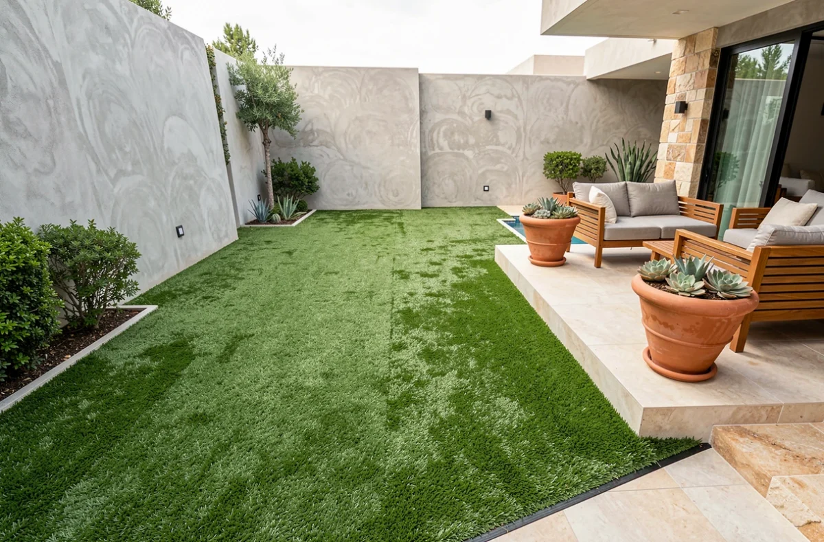 Pelouse synthétique haute gamme installée par Royal Grass dans le jardin d'une villa moderne avec espace lounge et piscine dans les Alpes-Maritimes