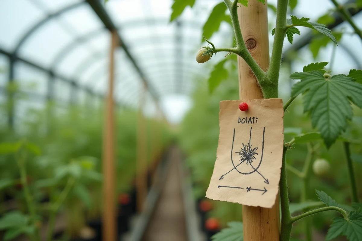 Gros plan sur un gourmand de tomate avec un schéma visuel indiquant l'endroit de la taille