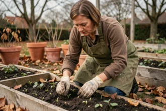 Femme semant des fèves dans un potager en automne pour éviter les pucerons au printemps