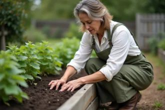 Femme semant des haricots dans un potager surélevé en bois, enfonçant les graines dans la terre sombre avec les doigts