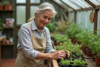 Femme repliquant des semis de tomates dans des godets biodégradables sur une table de rempotage en bois dans une serre domestique