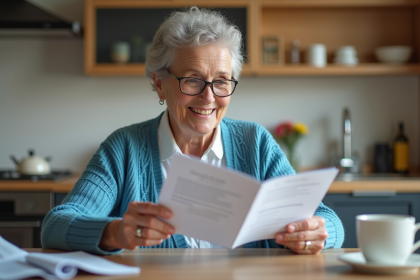 Femme senior souriante consulte brochures de securite