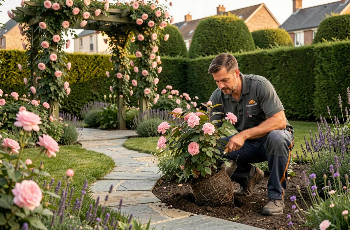 Jardinier paysagiste plantant des arbustes dans un jardin aménagé à Vannes avec pergola et bordures fleuries
