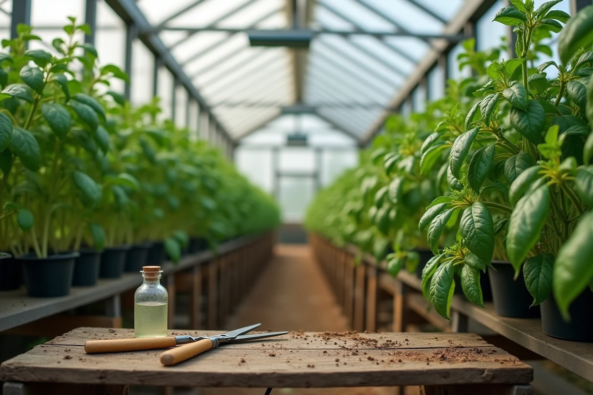 Vue intérieure d'une serre avec dégâts de chenilles sur les plants et outils de traitement