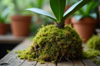 Sphaigne fraîche enroulée autour des racines d'une orchidée posée sur un établi en bois dans une jardinerie