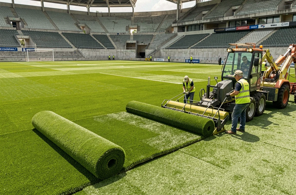 Équipe de Sport Paysage Service posant des rouleaux de gazon sur un terrain de football en rénovation à Marseille