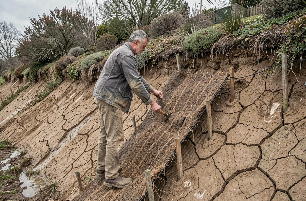 Homme fixant un géotextile en coco sur un talus argileux pour prévenir l'érosion du sol