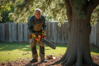 Homme en plein taille d'un chêne avec scie manuelle