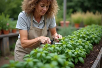 Femme taillant un plant de basilic dans un potager en fin de saison estivale