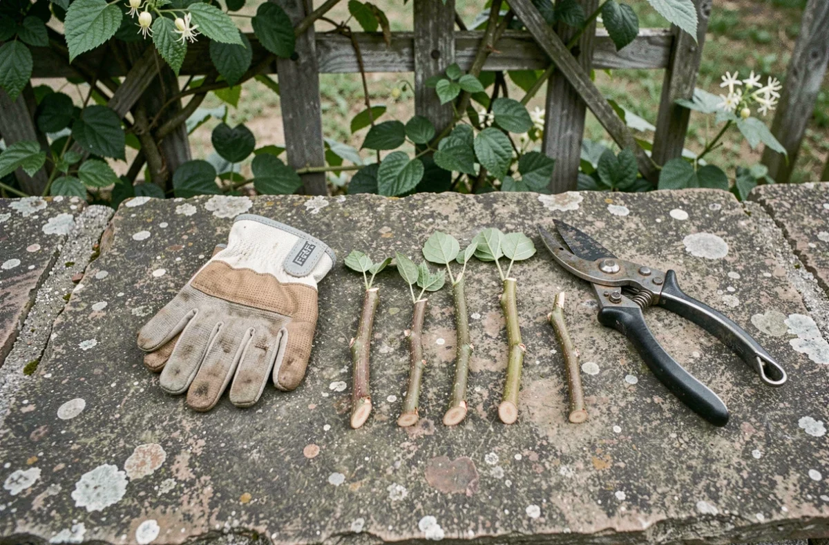 Boutures de chèvrefeuille taillées en diagonale disposées avec un sécateur sur un muret en pierre de jardin