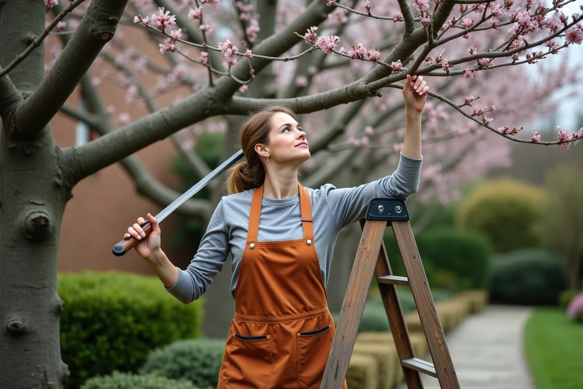 Femme sur un escabeau réalisant la taille en hauteur d'un prunus ornemental mature dans un jardin soigné