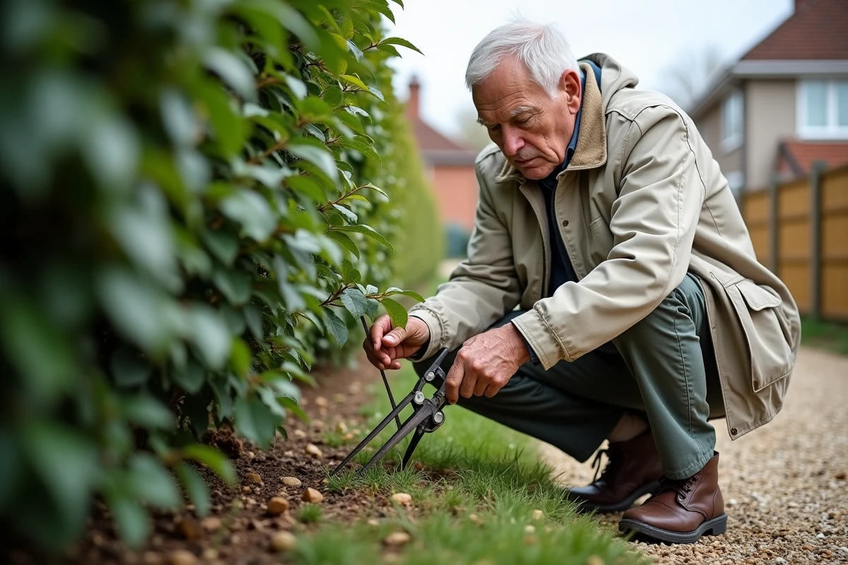 Homme âgé taillant un jasmin dans le jardin avant