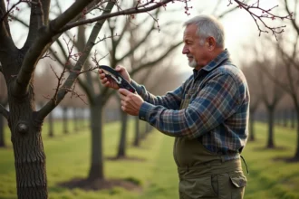Jardinier taillant un prunier en respectant la forme naturelle en vase au printemps