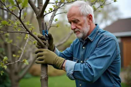 Jardinier expérimenté effectuant la taille d'un prunus au sécateur au début du printemps dans un jardin résidentiel