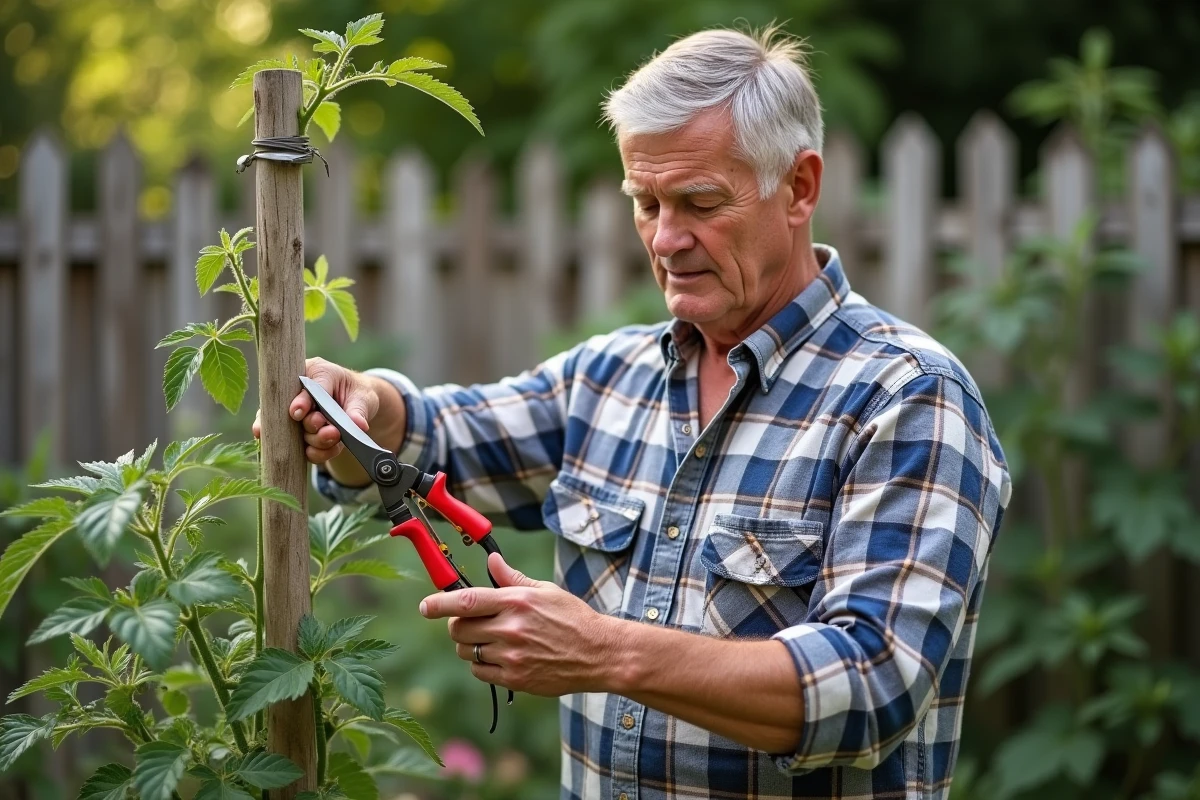 Jardinier utilisant un sécateur pour tailler un pied de tomate en plein soleil