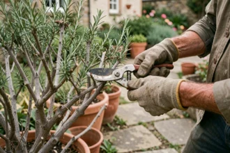 Taille d'un vieux pied de romarin négligé avec un sécateur, mains de jardinier expérimenté en gros plan
