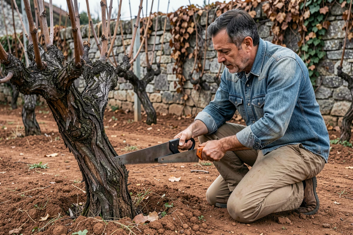 Homme examinant le vieux tronc d'une vigne avant la taille avec une scie dans un petit vignoble domestique