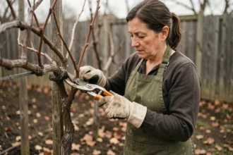 Femme qui taille une vigne dormante sur une treille en bois dans un jardin de maison avec un sécateur