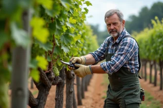 Homme taillant des vignes dans un vignoble en plein air