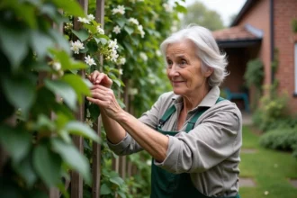 Femme d'âge moyen taillant une vigne de jasmin dans le jardin