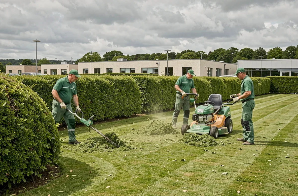 Équipe d'entretien des espaces verts en action sur un site commercial dans le Morbihan