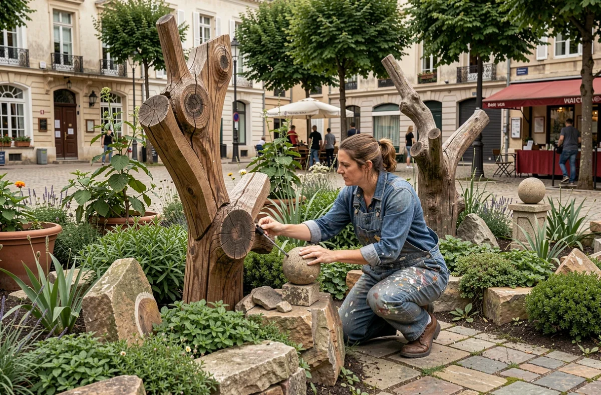 Aménagement paysager artistique de Thorck'art avec sculptures en bois et pierres intégrées dans un jardin public