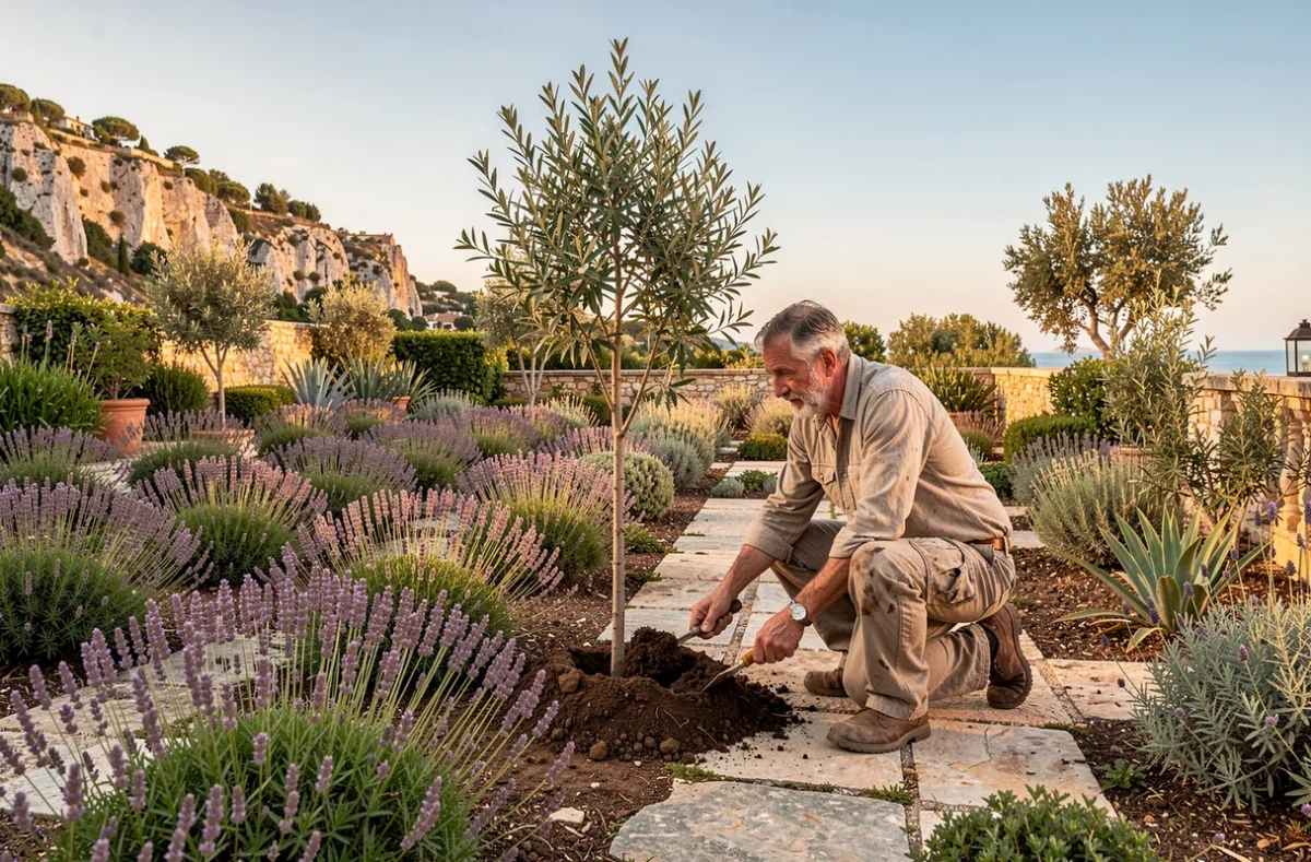 Jardinier de TK Provence plantant un olivier dans un jardin provençal aménagé avec lavande et allées en pierre