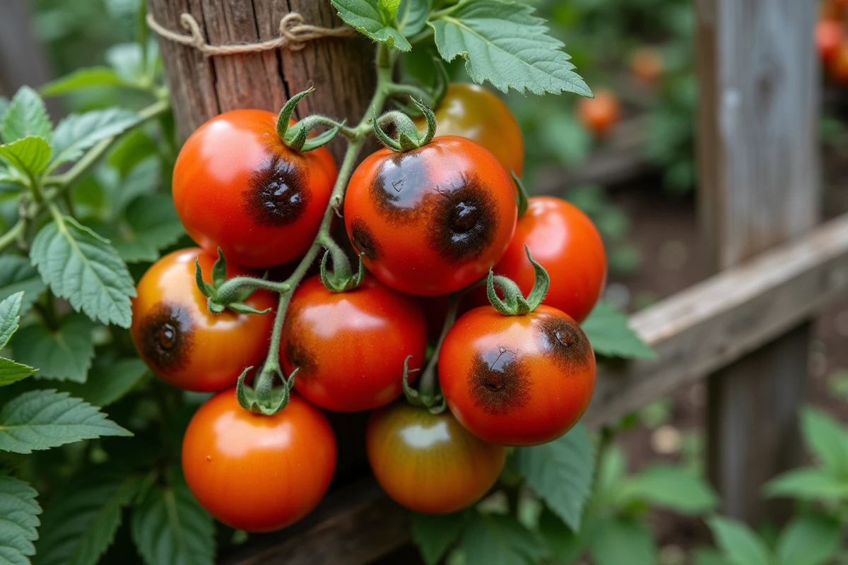 Tomates sur pied avec des taches noires et lésions fongiques visibles au jardin