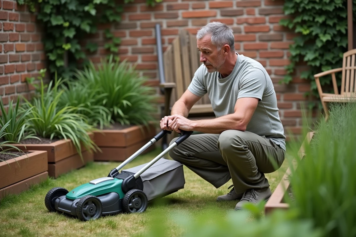 Homme utilisant une tondeuse électrique silencieuse dans un petit jardin urbain écologique avec potager surélevé